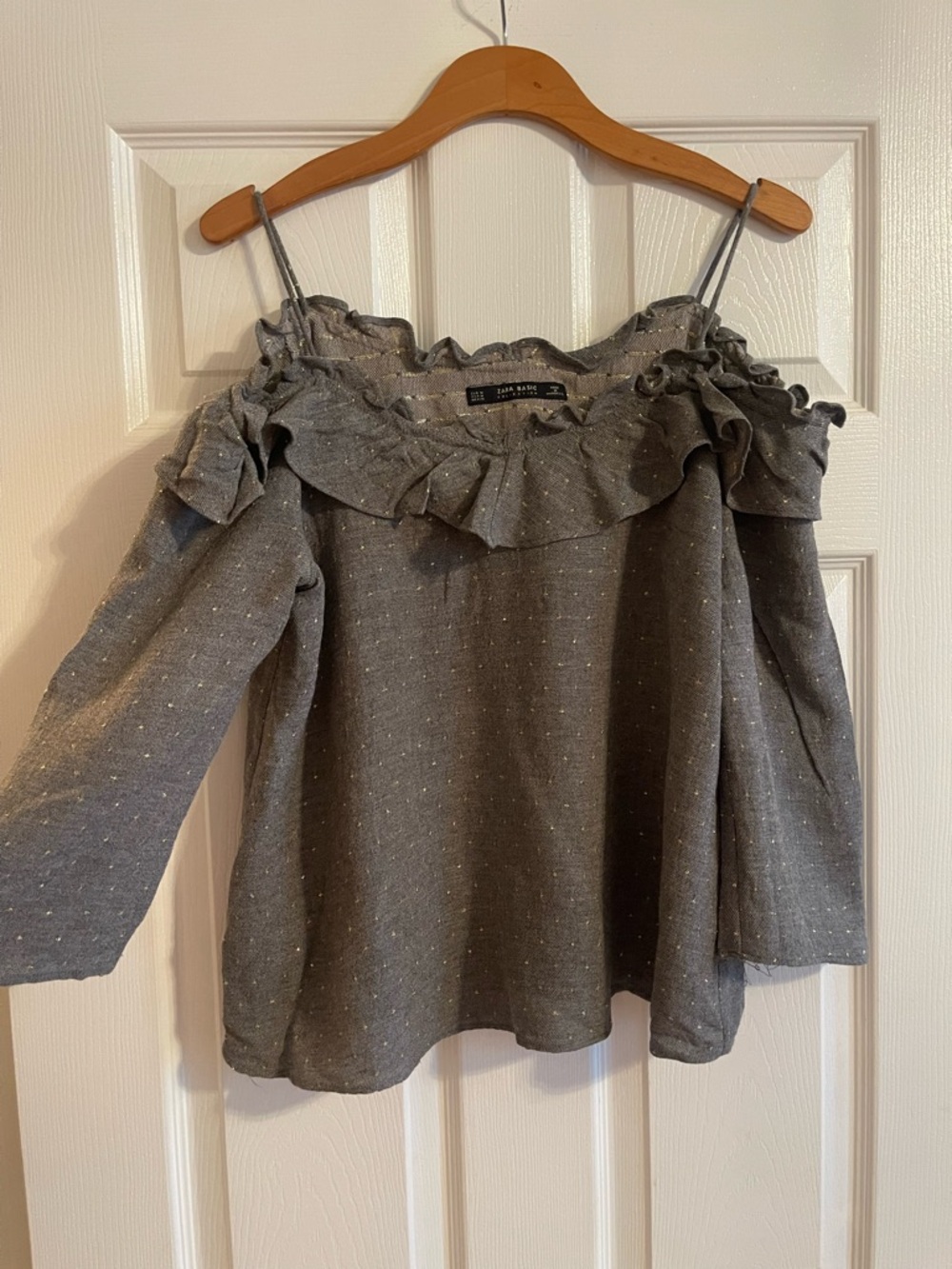 Zara Gray Ruffled Off-Shoulder Blouse